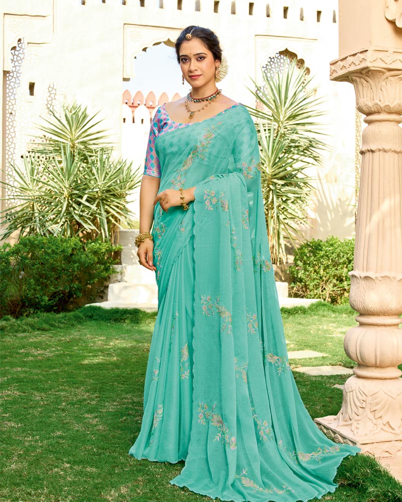 Vishal Prints Mint Green Designer Fancy Chiffon Resham-Embroidery-Diamond-Work Saree With Cut Work Border