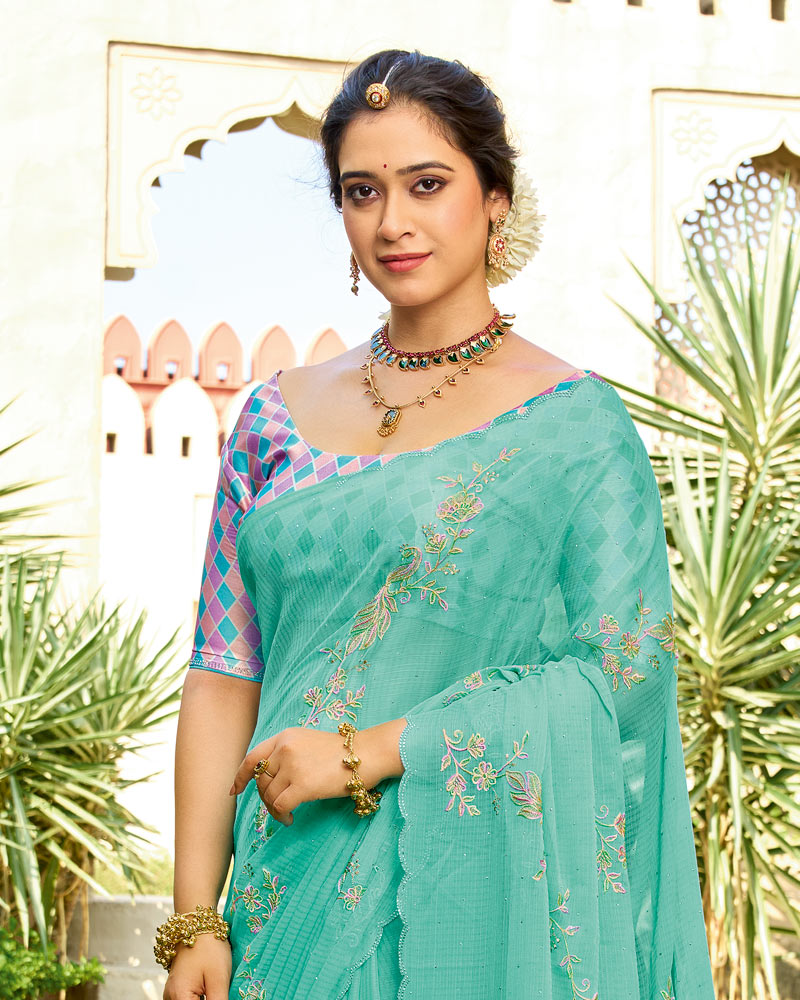 Vishal Prints Mint Green Designer Fancy Chiffon Resham-Embroidery-Diamond-Work Saree With Cut Work Border