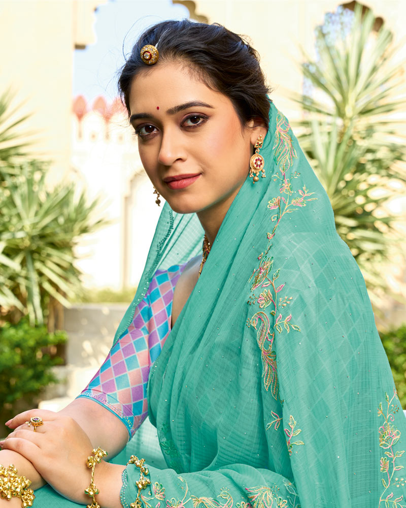 Vishal Prints Mint Green Designer Fancy Chiffon Resham-Embroidery-Diamond-Work Saree With Cut Work Border