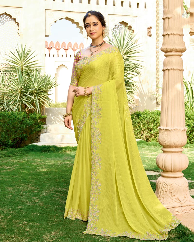 Vishal Prints Light Straw Yellow Designer Fancy Chiffon Resham-Embroidery-Diamond-Work Saree With Cut Work Border