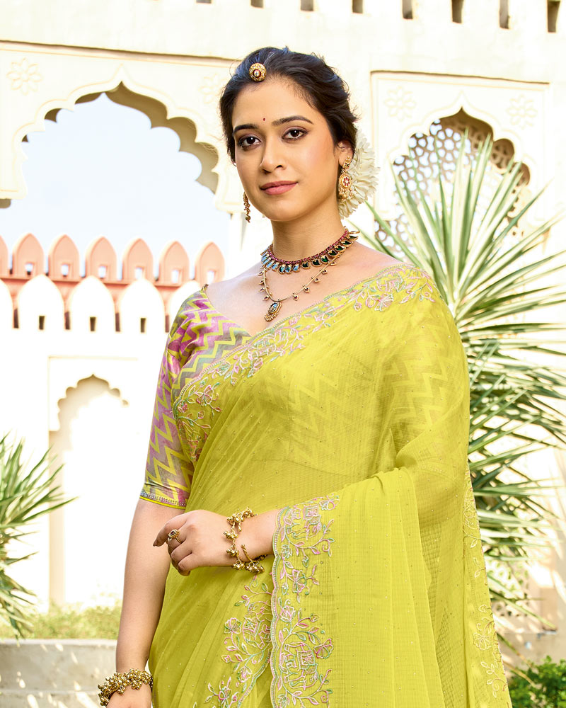 Vishal Prints Light Straw Yellow Designer Fancy Chiffon Resham-Embroidery-Diamond-Work Saree With Cut Work Border