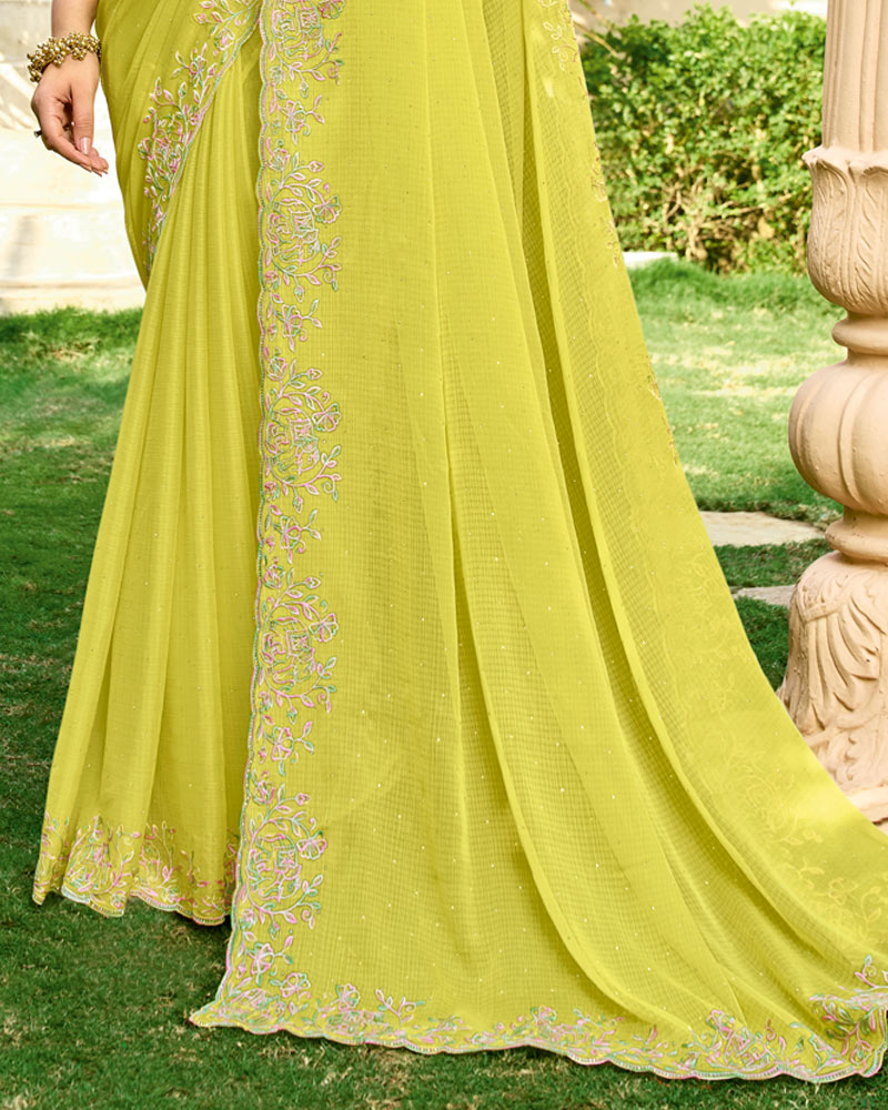 Vishal Prints Light Straw Yellow Designer Fancy Chiffon Resham-Embroidery-Diamond-Work Saree With Cut Work Border