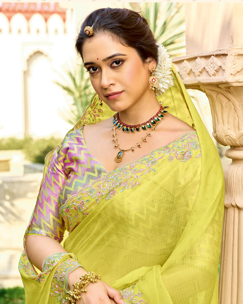 Vishal Prints Light Straw Yellow Designer Fancy Chiffon Resham-Embroidery-Diamond-Work Saree With Cut Work Border