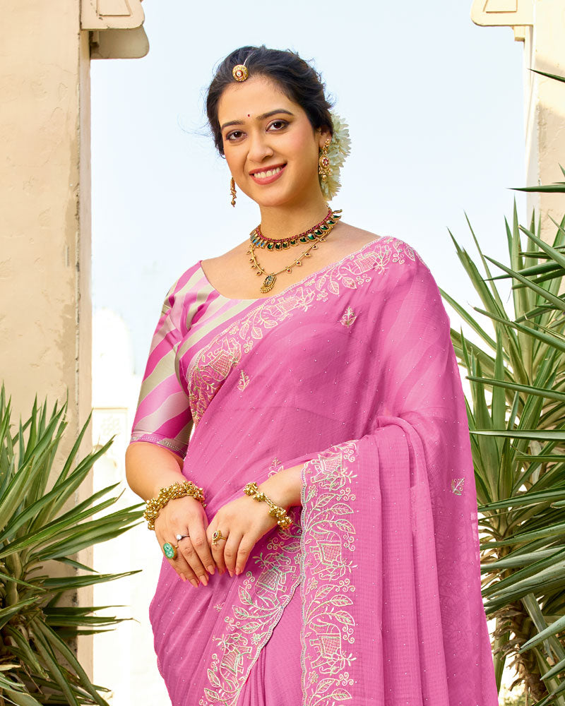 Vishal Prints Light Rose Pink Designer Fancy Chiffon Resham-Embroidery-Diamond-Work Saree With Cut Work Border