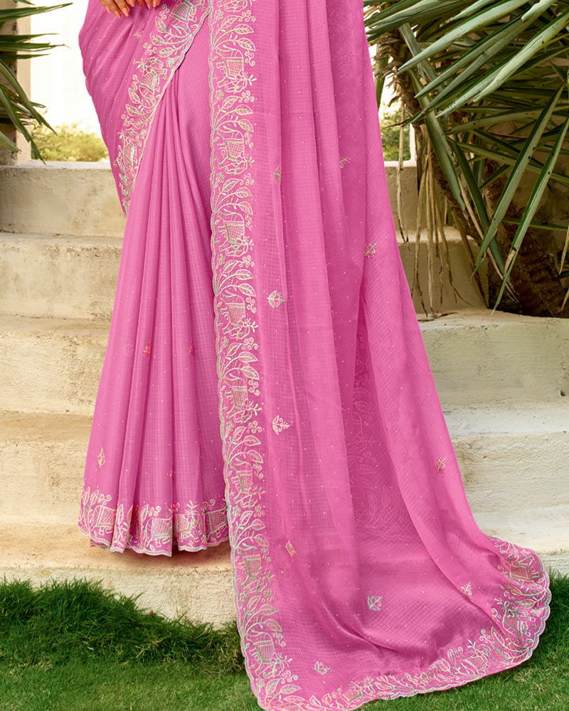 Vishal Prints Light Rose Pink Designer Fancy Chiffon Resham-Embroidery-Diamond-Work Saree With Cut Work Border