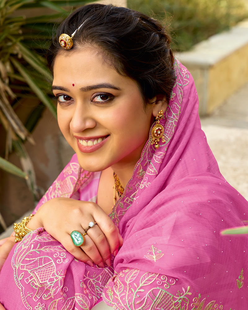 Vishal Prints Light Rose Pink Designer Fancy Chiffon Resham-Embroidery-Diamond-Work Saree With Cut Work Border