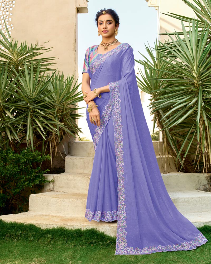 Vishal Prints Pastel Lavender Designer Fancy Chiffon Resham-Embroidery-Diamond-Work Saree With Cut Work Border