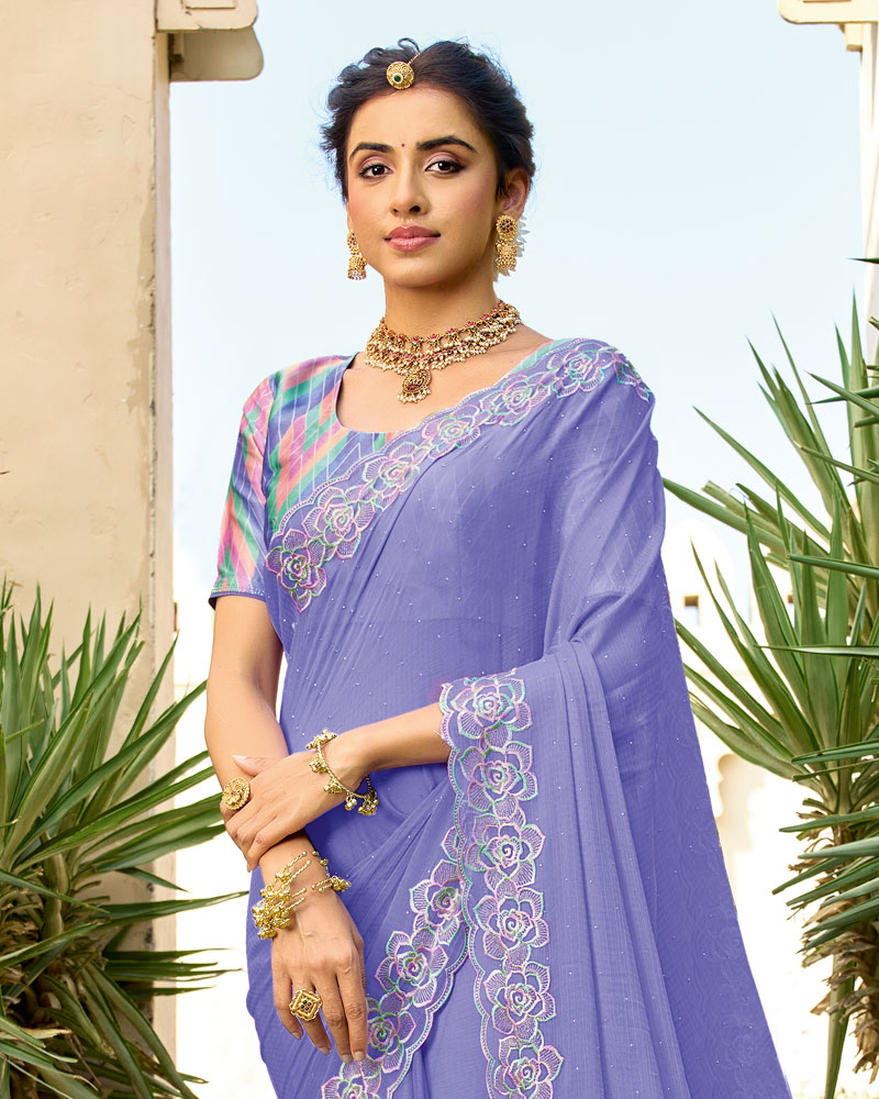 Vishal Prints Pastel Lavender Designer Fancy Chiffon Resham-Embroidery-Diamond-Work Saree With Cut Work Border