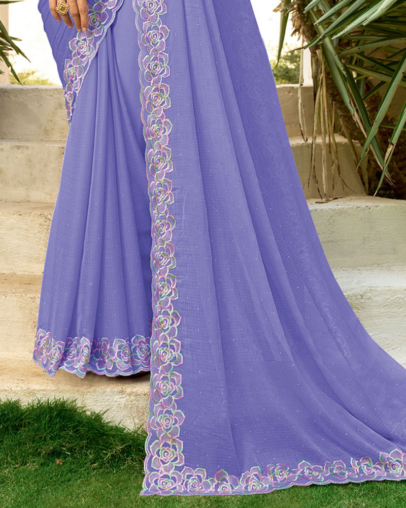 Vishal Prints Pastel Lavender Designer Fancy Chiffon Resham-Embroidery-Diamond-Work Saree With Cut Work Border
