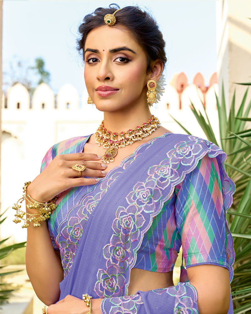 Vishal Prints Pastel Lavender Designer Fancy Chiffon Resham-Embroidery-Diamond-Work Saree With Cut Work Border