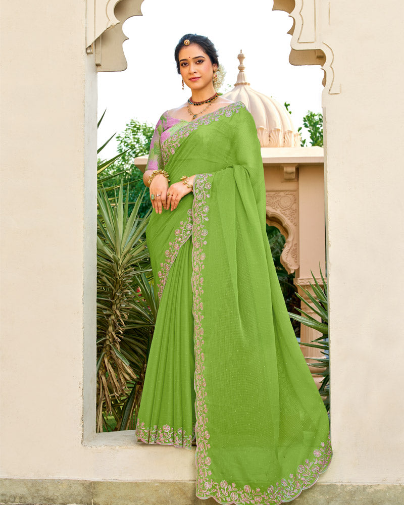 Vishal Prints Avocado Green Designer Fancy Chiffon Resham-Embroidery-Diamond-Work Saree With Cut Work Border