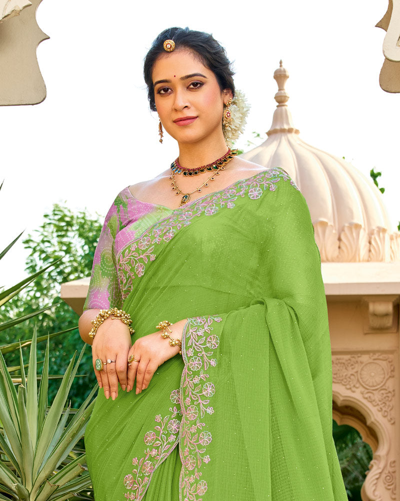 Vishal Prints Avocado Green Designer Fancy Chiffon Resham-Embroidery-Diamond-Work Saree With Cut Work Border