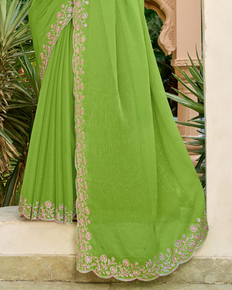 Vishal Prints Avocado Green Designer Fancy Chiffon Resham-Embroidery-Diamond-Work Saree With Cut Work Border