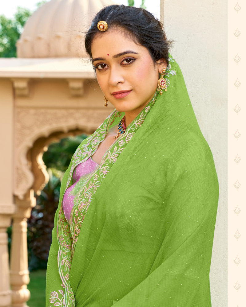 Vishal Prints Avocado Green Designer Fancy Chiffon Resham-Embroidery-Diamond-Work Saree With Cut Work Border
