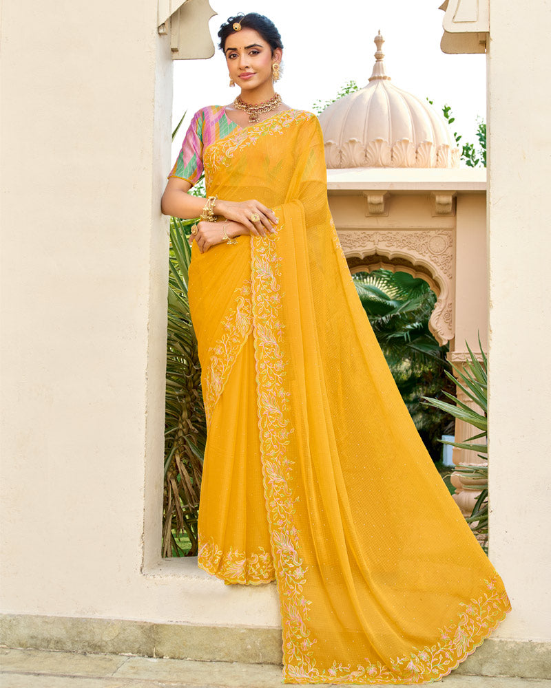 Vishal Prints Sunshade Orange Designer Fancy Chiffon Resham-Embroidery-Diamond-Work Saree With Cut Work Border