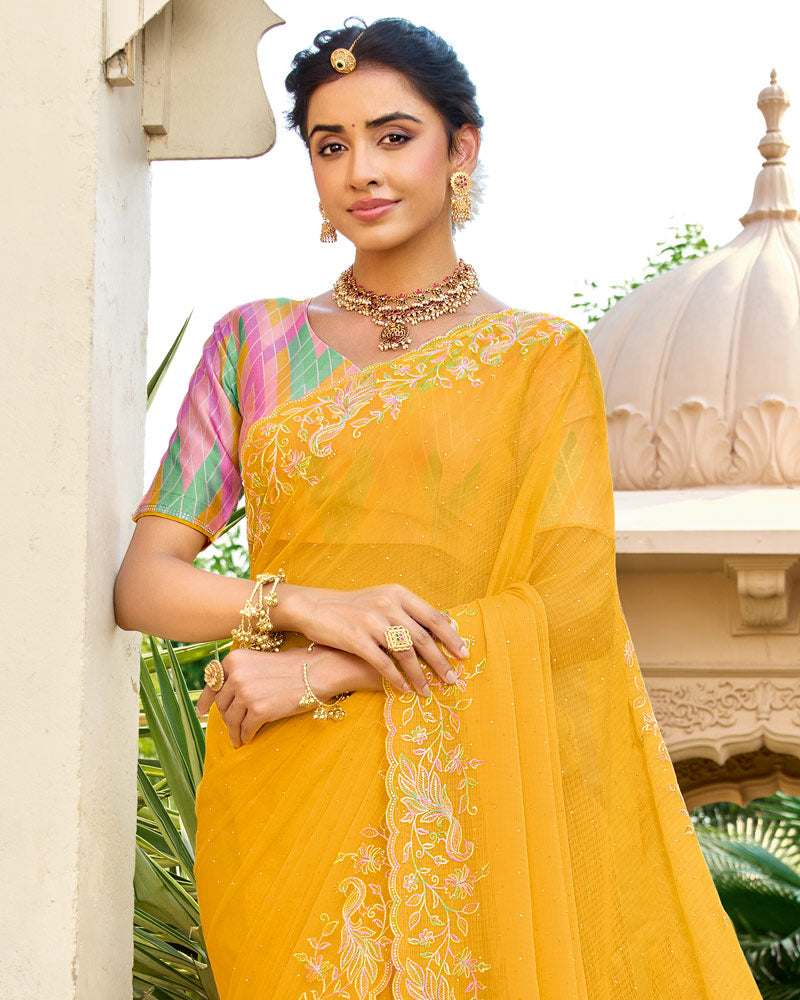 Vishal Prints Sunshade Orange Designer Fancy Chiffon Resham-Embroidery-Diamond-Work Saree With Cut Work Border