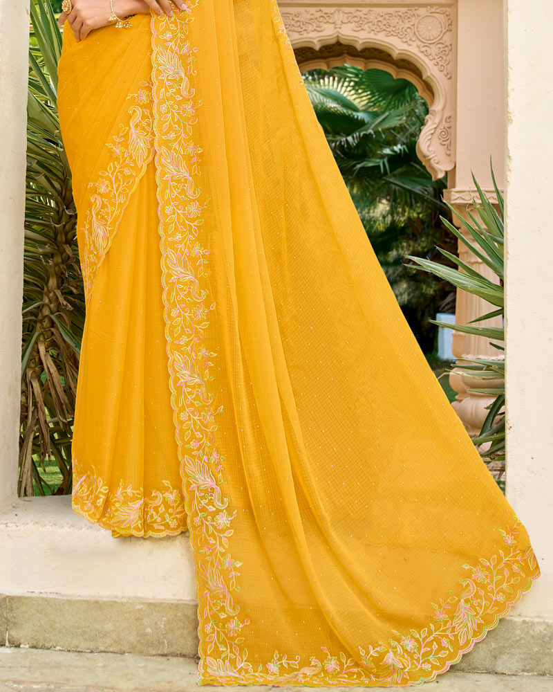 Vishal Prints Sunshade Orange Designer Fancy Chiffon Resham-Embroidery-Diamond-Work Saree With Cut Work Border