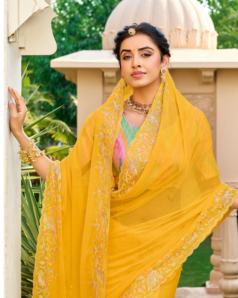 Vishal Prints Sunshade Orange Designer Fancy Chiffon Resham-Embroidery-Diamond-Work Saree With Cut Work Border