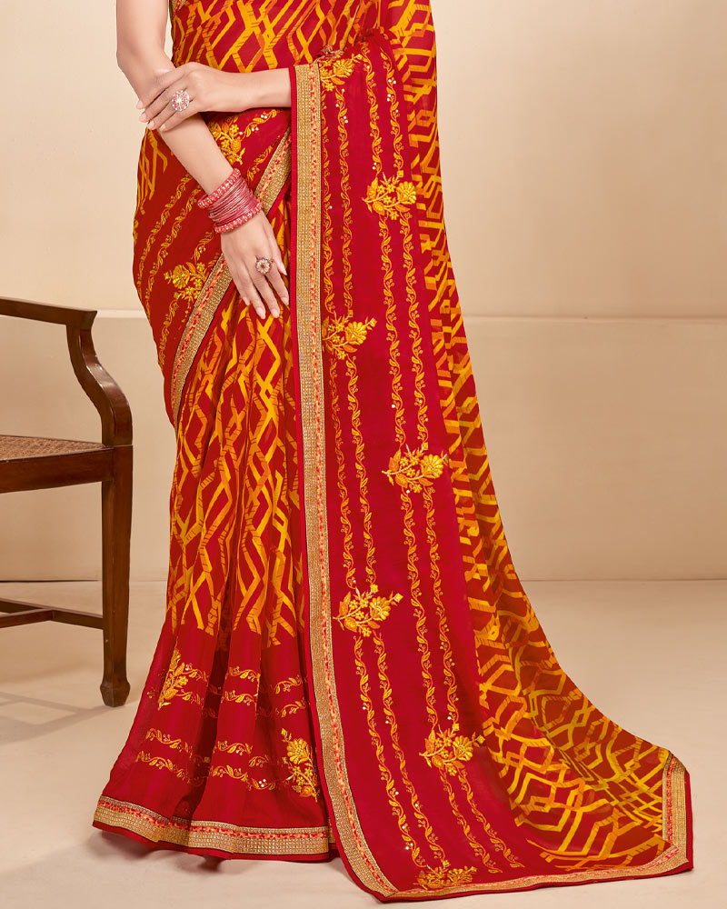 Vishal Prints Dark Red Chiffon Saree With Embroidery Work And Fancy Border