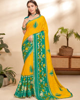 Vishal Prints Dark Yellow Chiffon Saree With Embroidery Work And Fancy Border