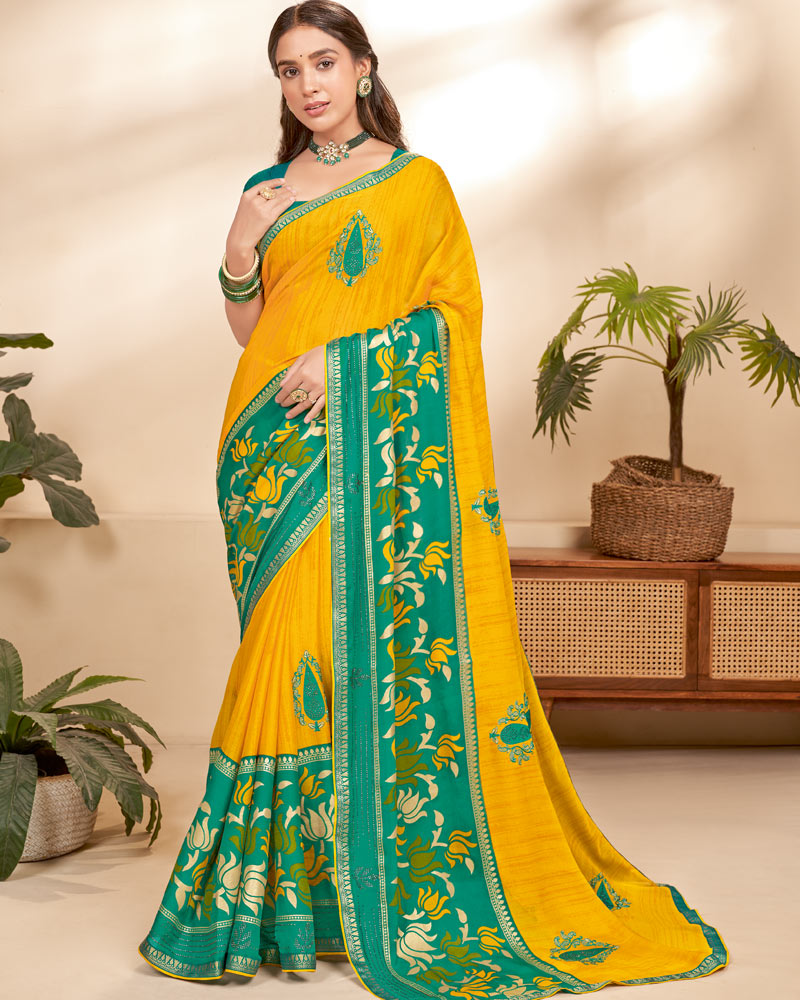 Vishal Prints Dark Yellow Chiffon Saree With Embroidery Work And Fancy Border