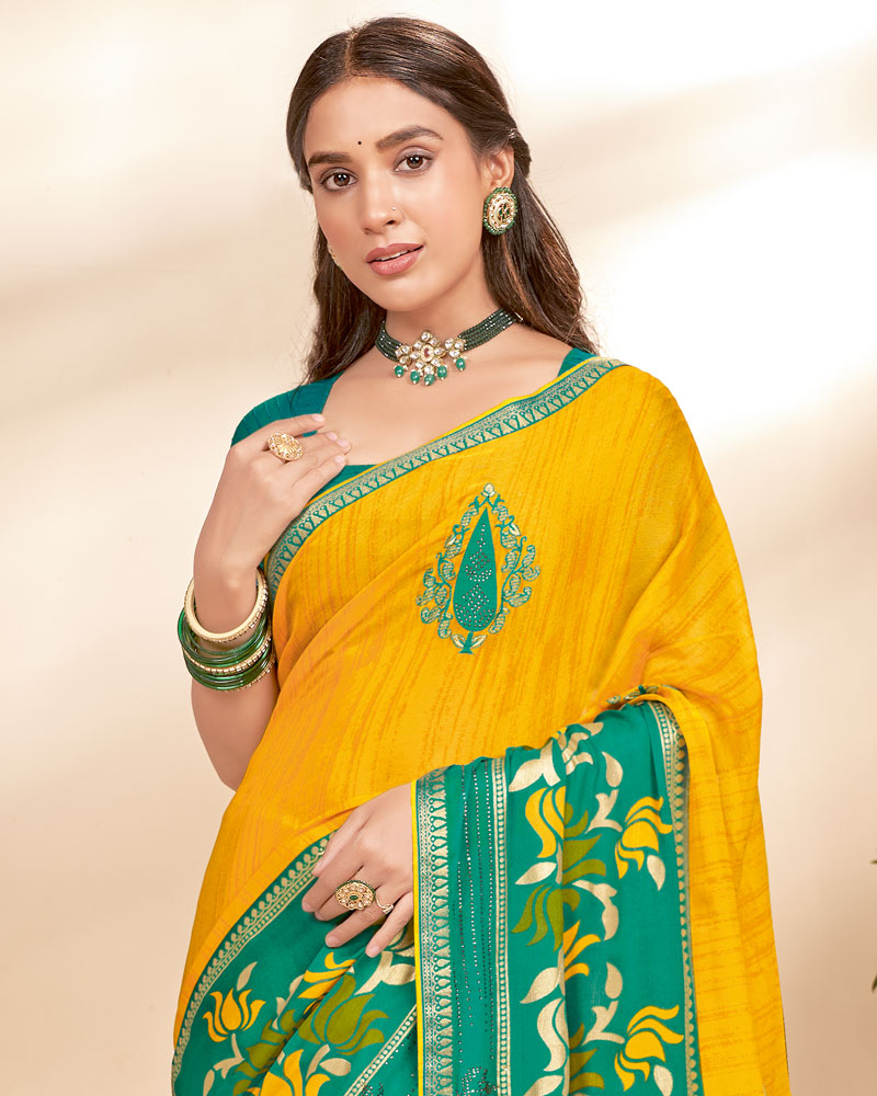Vishal Prints Dark Yellow Chiffon Saree With Embroidery Work And Fancy Border
