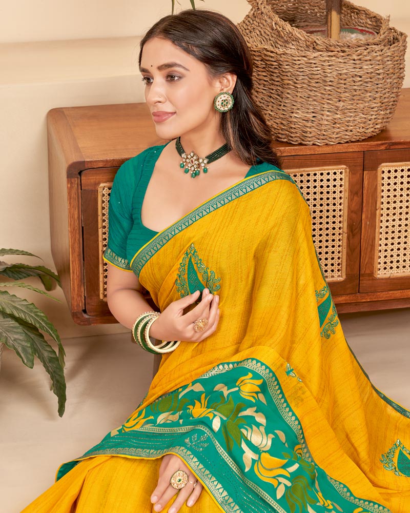 Vishal Prints Dark Yellow Chiffon Saree With Embroidery Work And Fancy Border