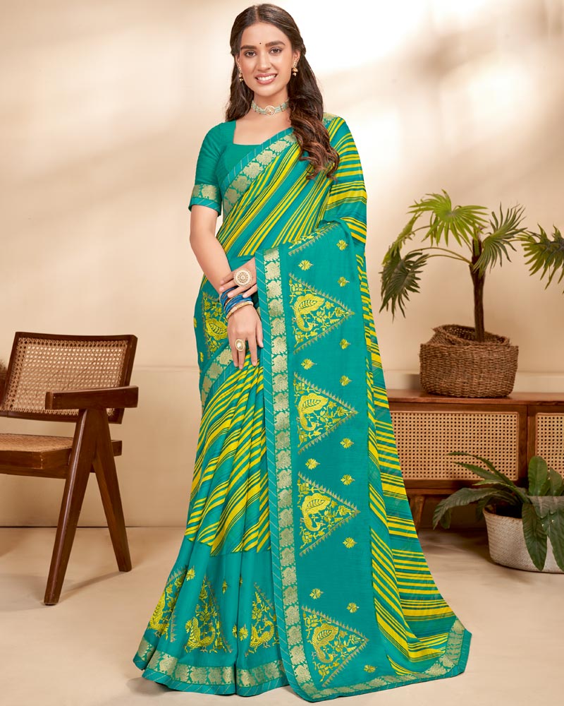 Vishal Prints Dark Turquoise Blue Chiffon Saree With Embroidery Work And Fancy Border