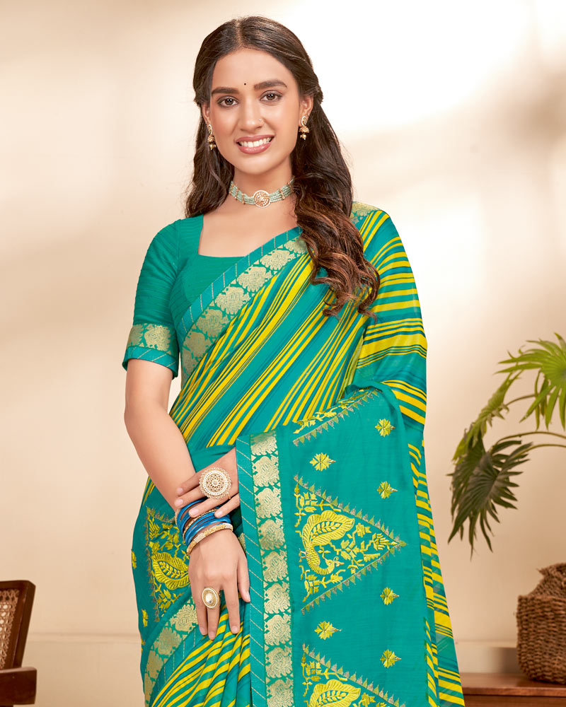 Vishal Prints Dark Turquoise Blue Chiffon Saree With Embroidery Work And Fancy Border