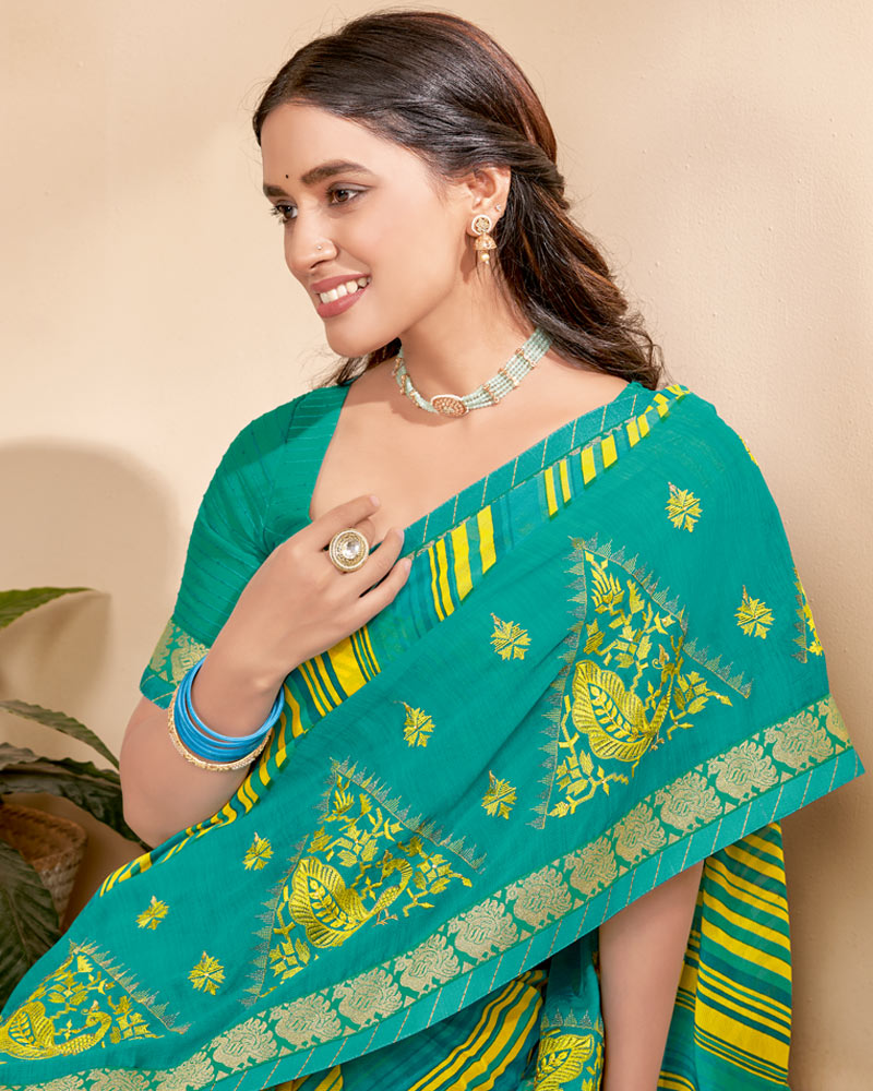 Vishal Prints Dark Turquoise Blue Chiffon Saree With Embroidery Work And Fancy Border