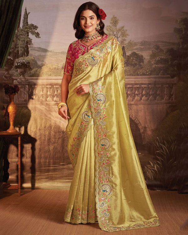 Vishal Prints Royal Beige Designer Tissue Organza Saree With Embroidery-Diamond Work And Cut Work Border