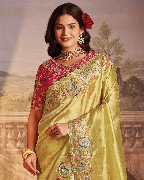 Vishal Prints Royal Beige Designer Tissue Organza Saree With Embroidery-Diamond Work And Cut Work Border