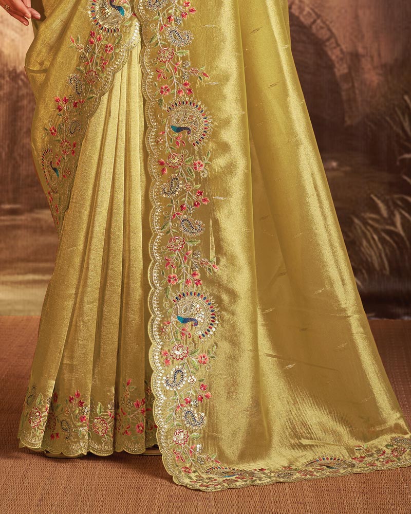 Vishal Prints Royal Beige Designer Tissue Organza Saree With Embroidery-Diamond Work And Cut Work Border