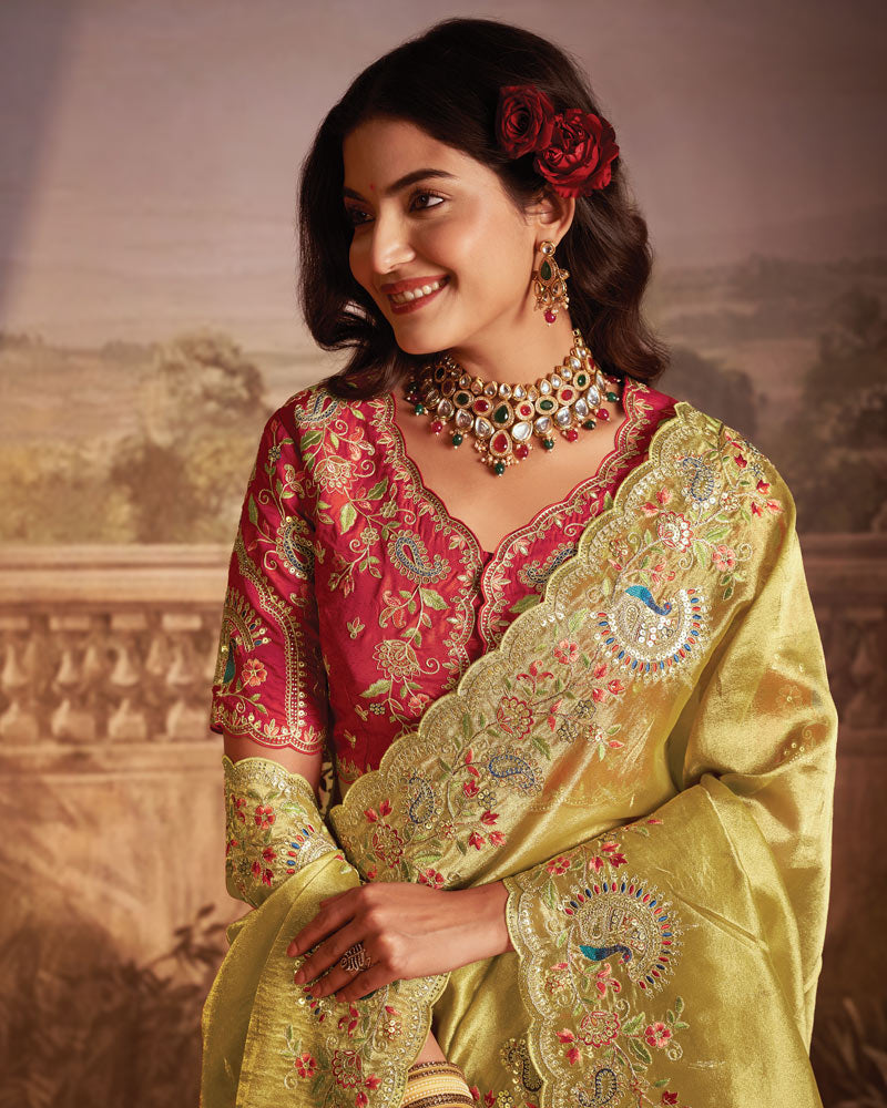 Vishal Prints Royal Beige Designer Tissue Organza Saree With Embroidery-Diamond Work And Cut Work Border