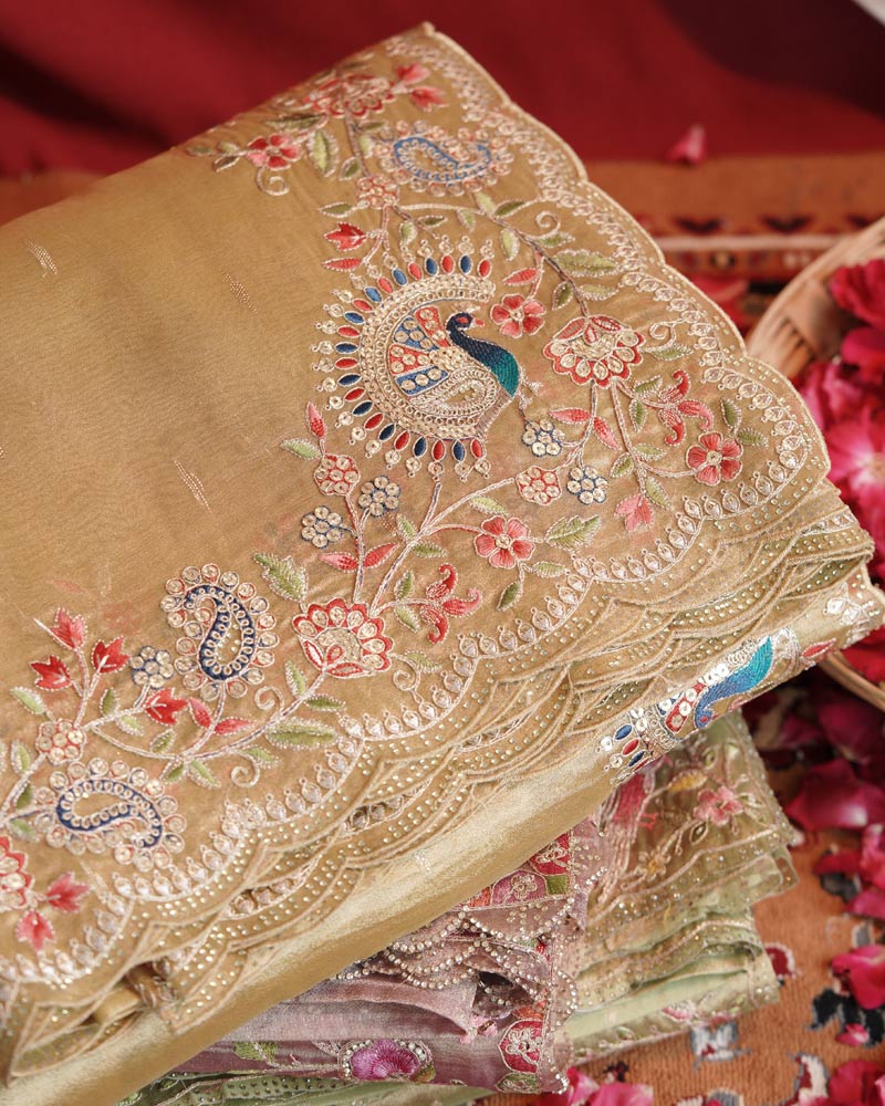 Vishal Prints Royal Beige Designer Tissue Organza Saree With Embroidery-Diamond Work And Cut Work Border