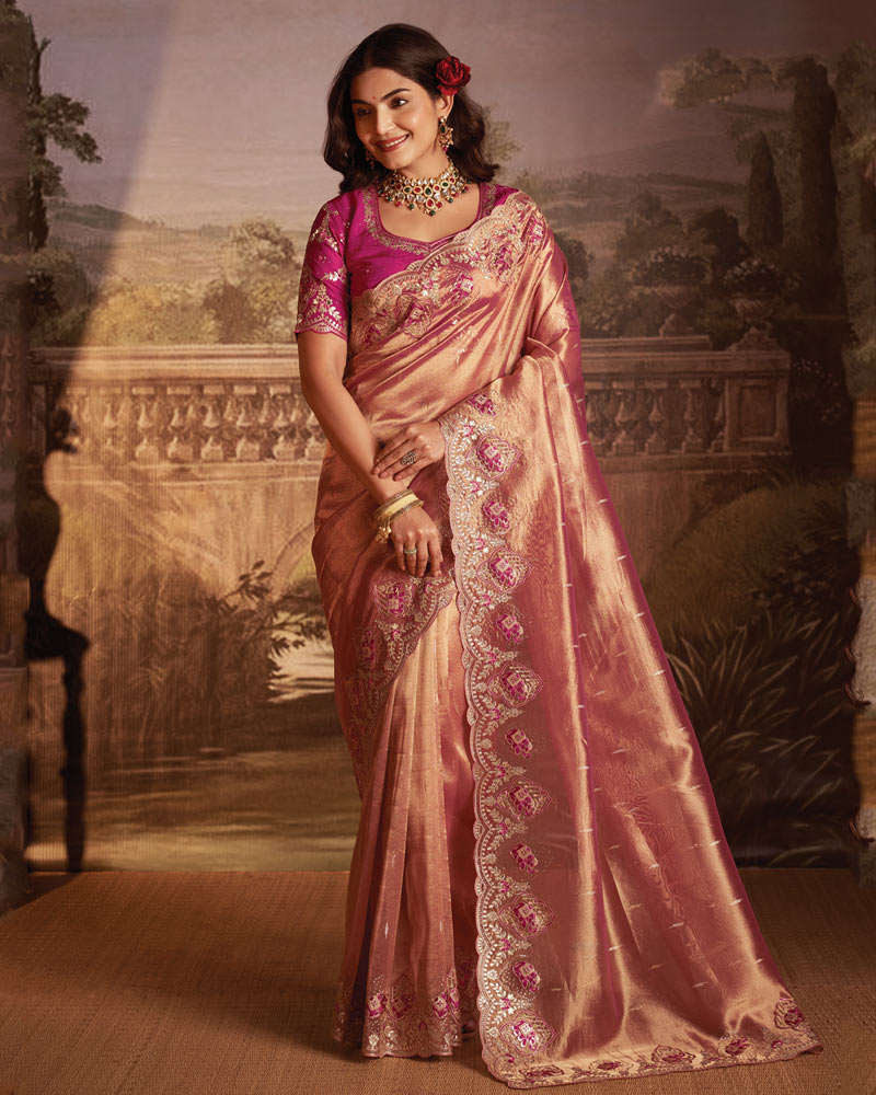 Vishal Prints Pinkish Tan Designer Tissue Organza Saree With Embroidery-Diamond Work And Cut Work Border