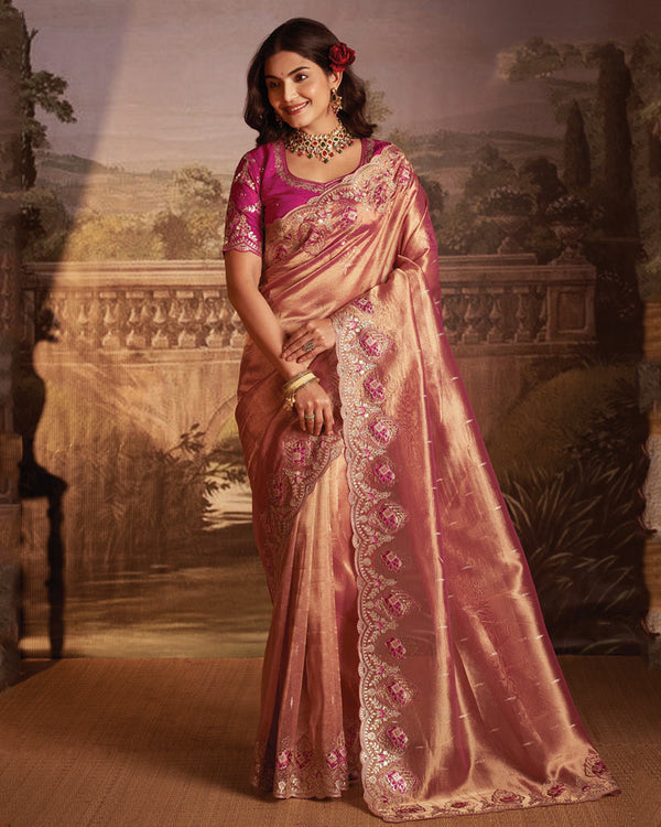 Vishal Prints Pinkish Tan Designer Tissue Organza Saree With Embroidery-Diamond Work And Cut Work Border