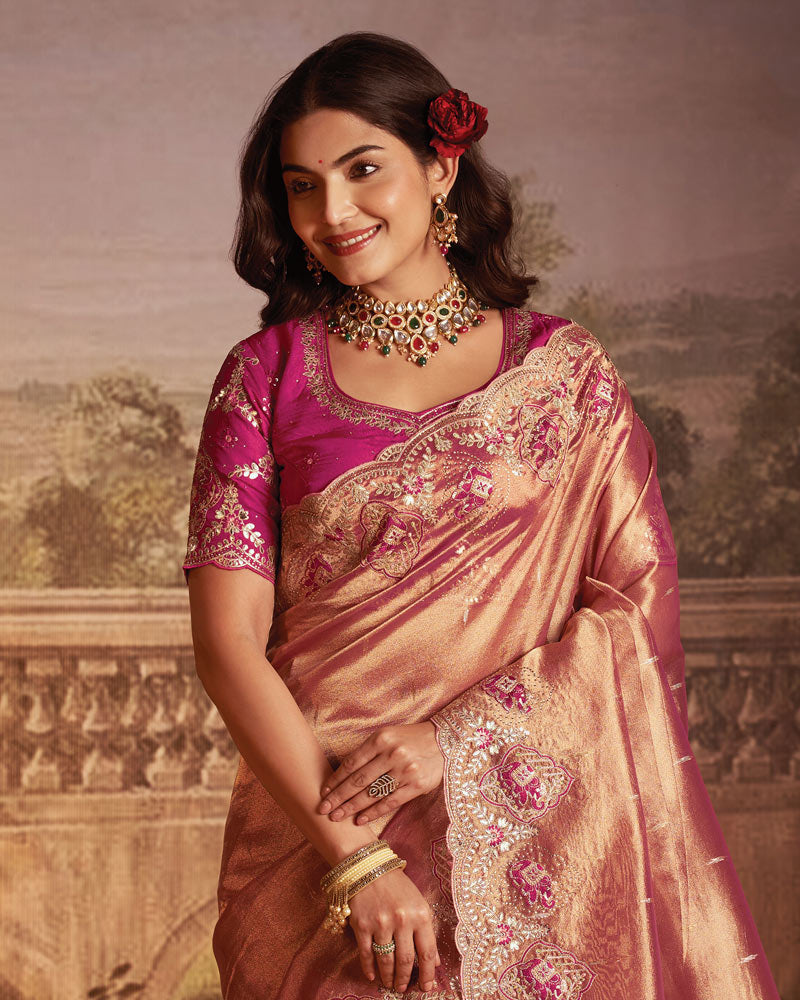 Vishal Prints Pinkish Tan Designer Tissue Organza Saree With Embroidery-Diamond Work And Cut Work Border