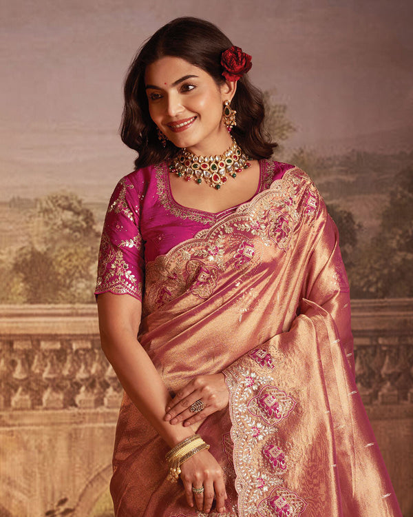 Vishal Prints Pinkish Tan Designer Tissue Organza Saree With Embroidery-Diamond Work And Cut Work Border
