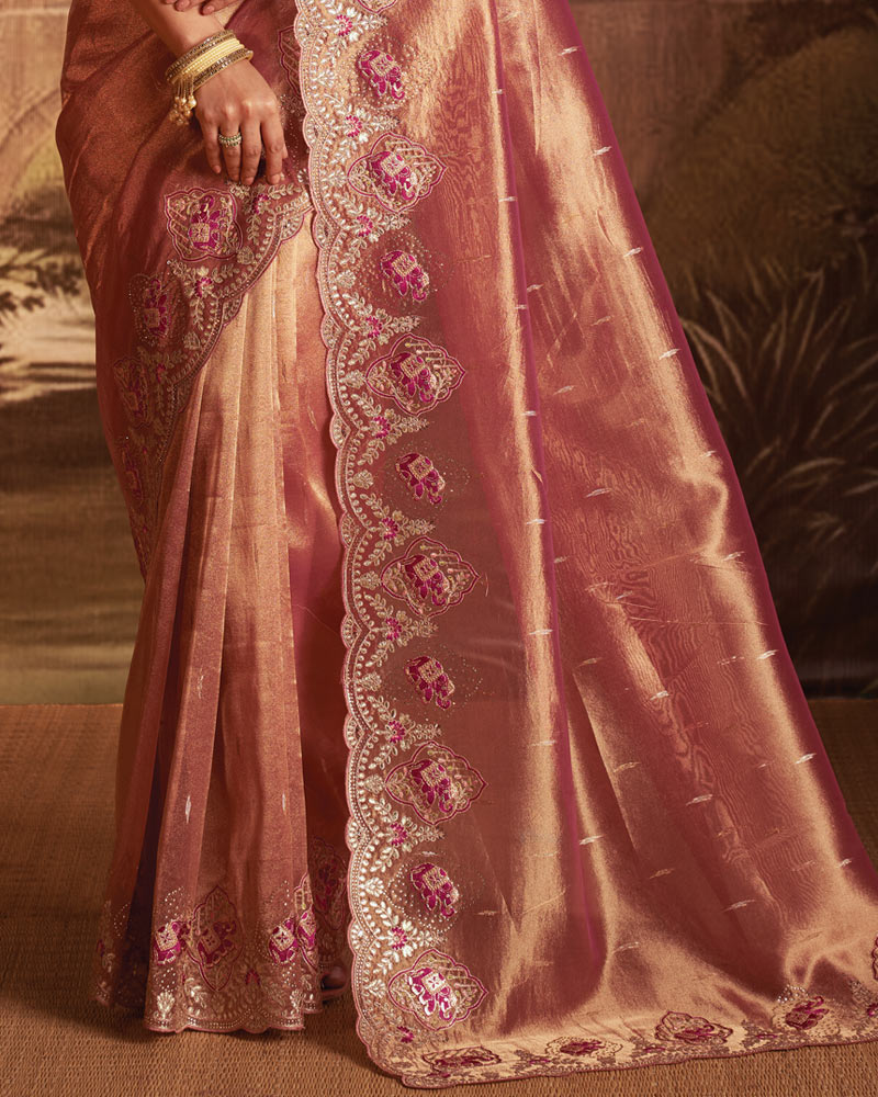 Vishal Prints Pinkish Tan Designer Tissue Organza Saree With Embroidery-Diamond Work And Cut Work Border