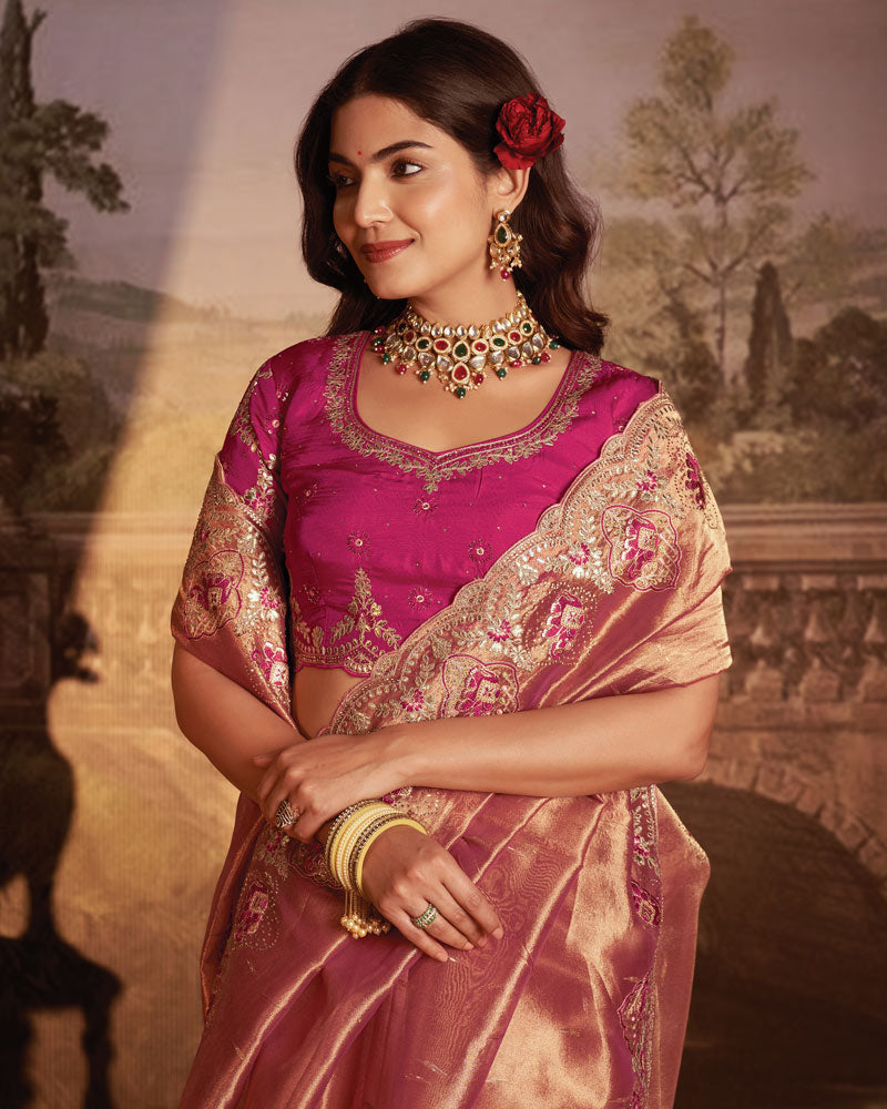 Vishal Prints Pinkish Tan Designer Tissue Organza Saree With Embroidery-Diamond Work And Cut Work Border
