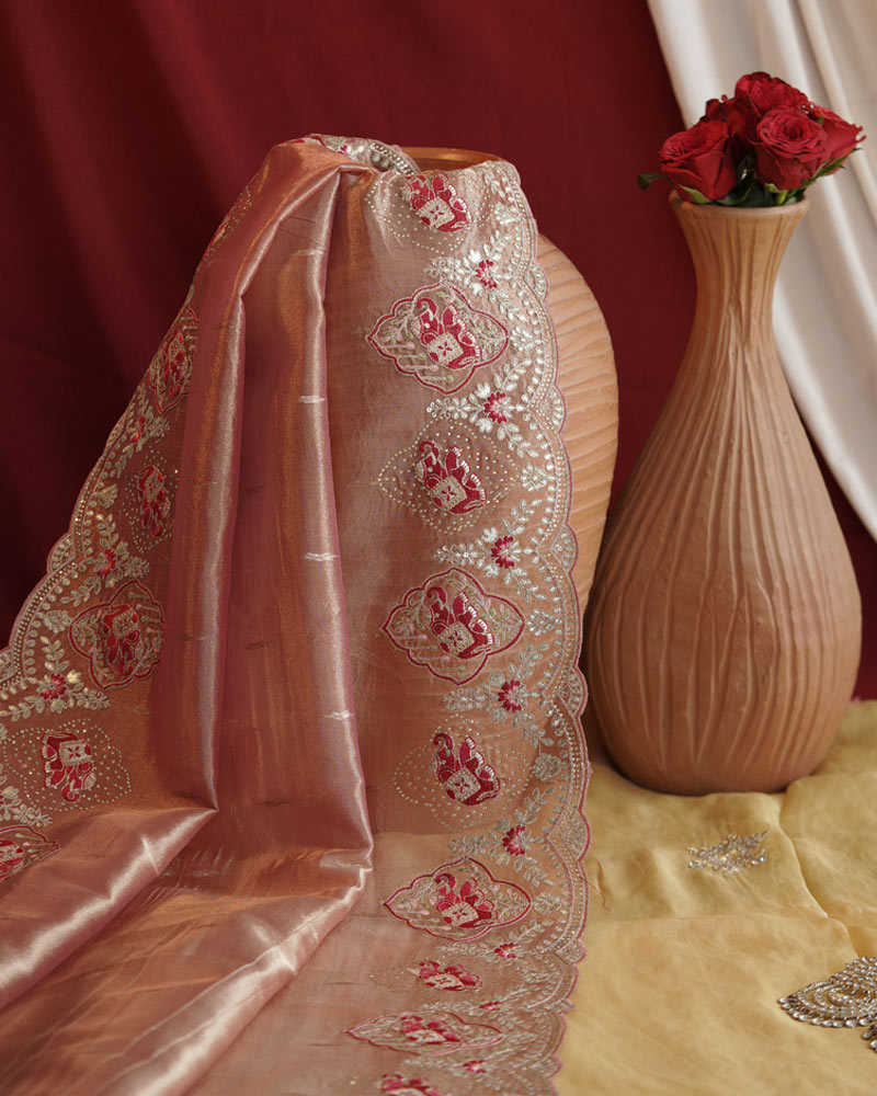 Vishal Prints Pinkish Tan Designer Tissue Organza Saree With Embroidery-Diamond Work And Cut Work Border