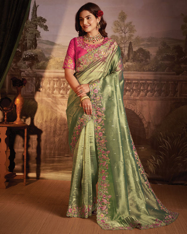 Vishal Prints Paste Olive Green Designer Tissue Organza Saree With Embroidery-Diamond Work And Cut Work Border