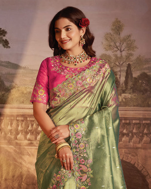Vishal Prints Paste Olive Green Designer Tissue Organza Saree With Embroidery-Diamond Work And Cut Work Border