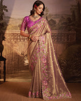 Vishal Prints Light Taupe Designer Tissue Organza Saree With Embroidery-Diamond Work And Cut Work Border