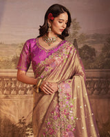 Vishal Prints Light Taupe Designer Tissue Organza Saree With Embroidery-Diamond Work And Cut Work Border