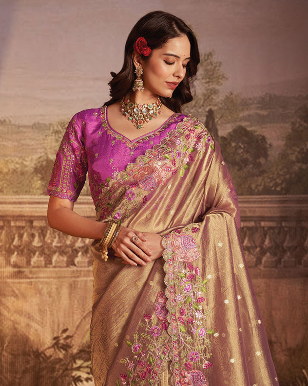 Vishal Prints Light Taupe Designer Tissue Organza Saree With Embroidery-Diamond Work And Cut Work Border