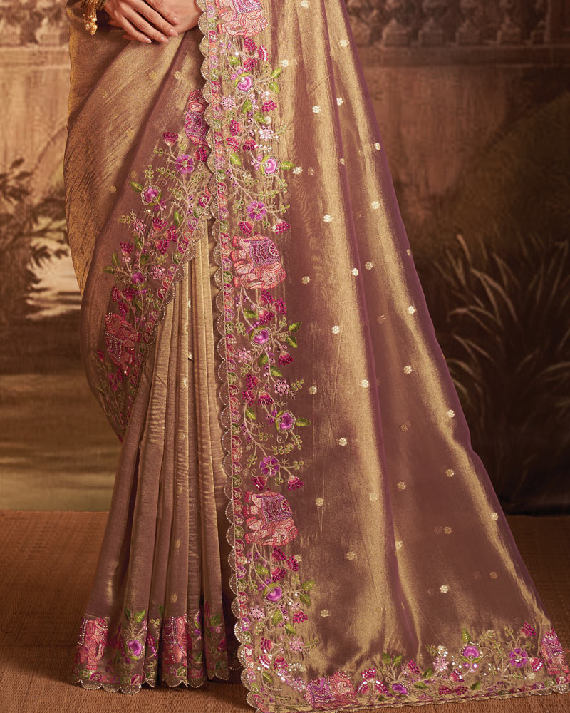 Vishal Prints Light Taupe Designer Tissue Organza Saree With Embroidery-Diamond Work And Cut Work Border