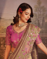 Vishal Prints Light Taupe Designer Tissue Organza Saree With Embroidery-Diamond Work And Cut Work Border