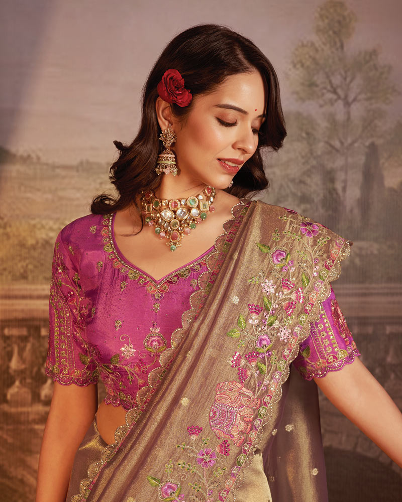 Vishal Prints Light Taupe Designer Tissue Organza Saree With Embroidery-Diamond Work And Cut Work Border